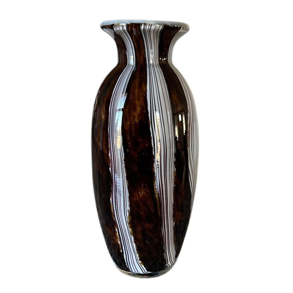 Striped Brown and White Glass Decorative Vase